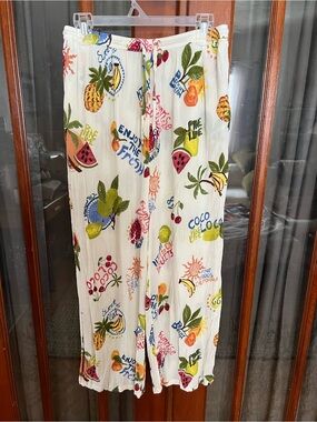 Vacation Resort Tropical Fruit Print Wide Leg Pants - Cream Base